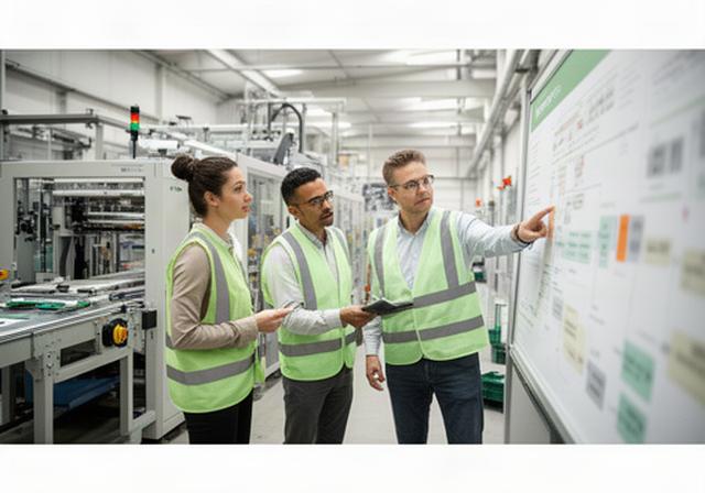 Productieteam bespreekt een procesbord naast een moderne productielijn in een fabriek in Oost-Nederland
