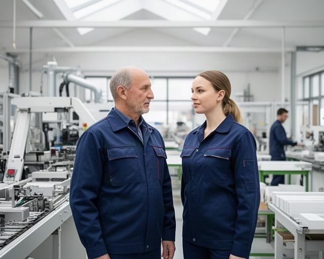 Vader en dochter in een lichte productieruimte van een maakbedrijf in Borne